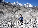
Jerome Ryan on the Trakarding Glacier with Chugimago behind, showing the rough trail on thousands of sharp rocks, stones, sand-heaps and ice-walls.
